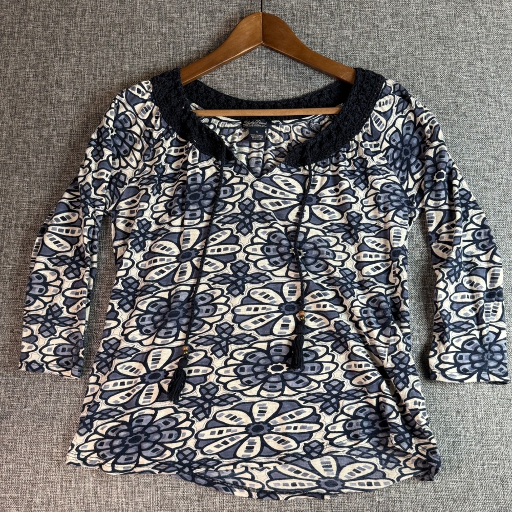 Womens Lucky Brand Shirt | Size S | Blue Floral Crochet Tassel Peasant‎ Top